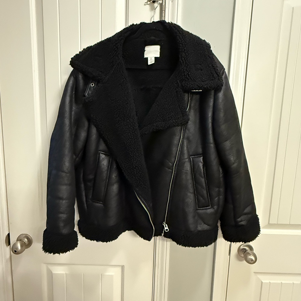 H&M Black Leather Shearling Jacket